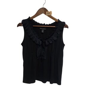 Isabella Rodriguez Black Ruffle V-Neck Sleeveless Knit Top Medium Cotton Modal
